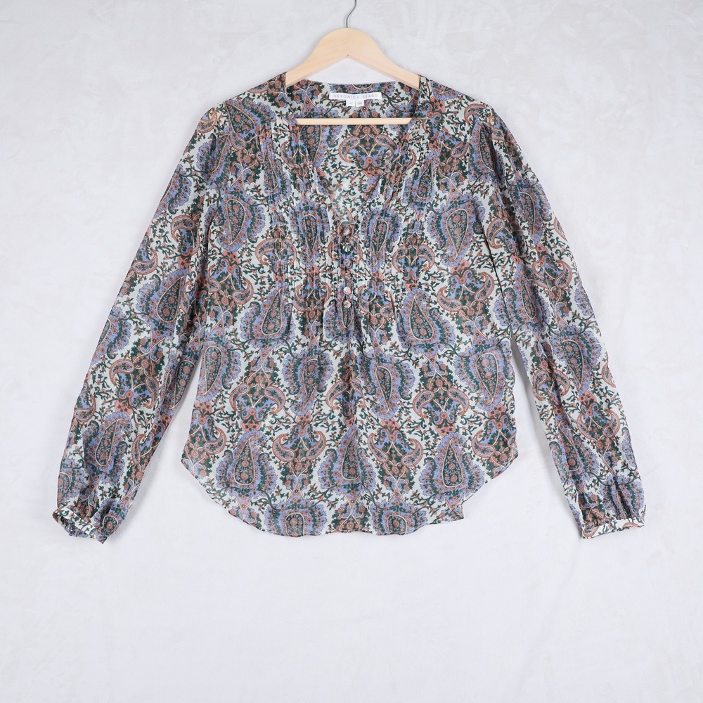 Veronica Beard Blouse Womens Paisley Pintuck V-Neck Blue Green Size 10